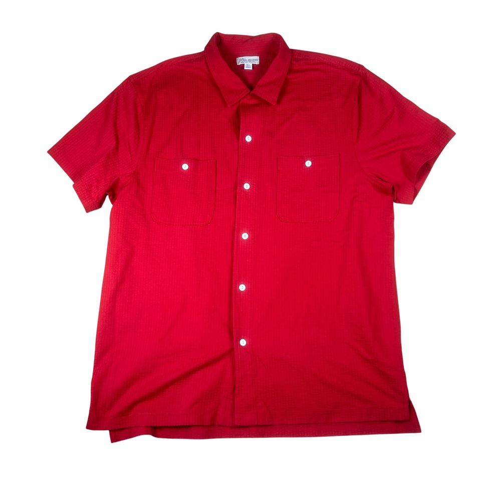 J.Crew‎ Mens XL Red Seersucker Knit Goods Short Sleeve Button Up Casual Preppy